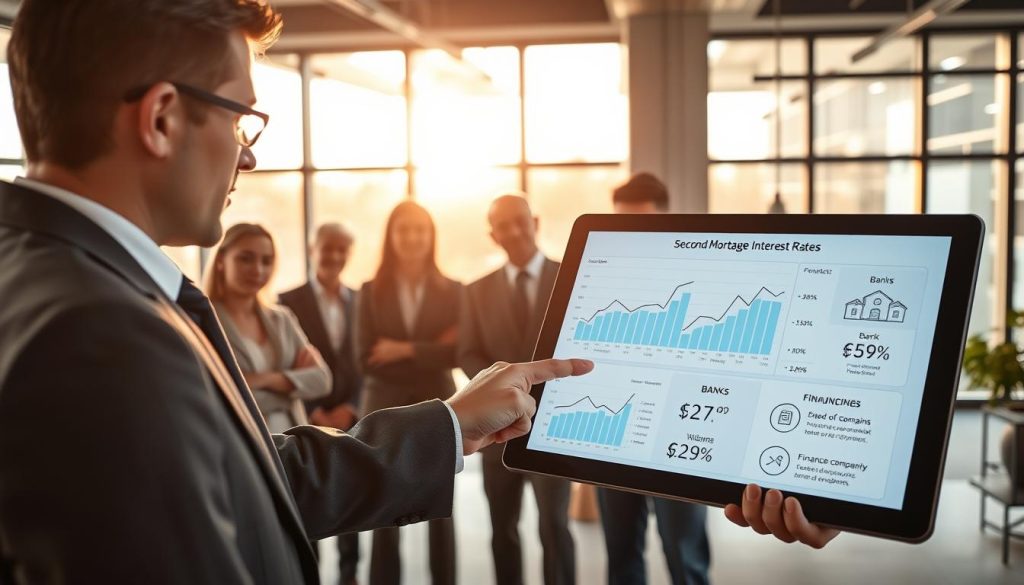 A professional comparison scene of real estate financing, focused on second mortgage interest rates. In the foreground, a well-dressed financial advisor points at a digital tablet displaying graphs and three distinct pathways: banks, brokers, and financing companies, each represented by unique icons. In the middle ground, a diverse group of clients, dressed in business attire, attentively examines the information, demonstrating engagement and interest. The background features a modern office with large windows, allowing warm sunlight to stream in, casting a welcoming glow. The atmosphere is informative yet relaxed, reflecting a professional setting conducive to financial discussions. The camera angle is slightly elevated, providing a clear view of the tablet and the engaged clients.