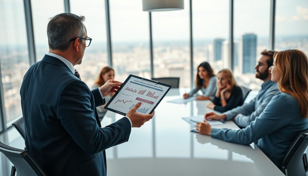 A professional financial consultant in a modern office setting, wearing business attire, gestures confidently as they explain loan strategies to a diverse group of attentive clients seated around a sleek conference table. The consultant holds a clipboard filled with charts and graphs showcasing mortgage approval rates. In the background, floor-to-ceiling windows reveal a panoramic cityscape, lending an air of success and ambition to the atmosphere. Warm, natural light floods the room, creating an inviting and productive environment. The image captures a sense of professionalism, trust, and expertise, emphasizing collaboration in financial decision-making processes. The composition should have a slight depth of field, focusing on the consultant while gently blurring the background.