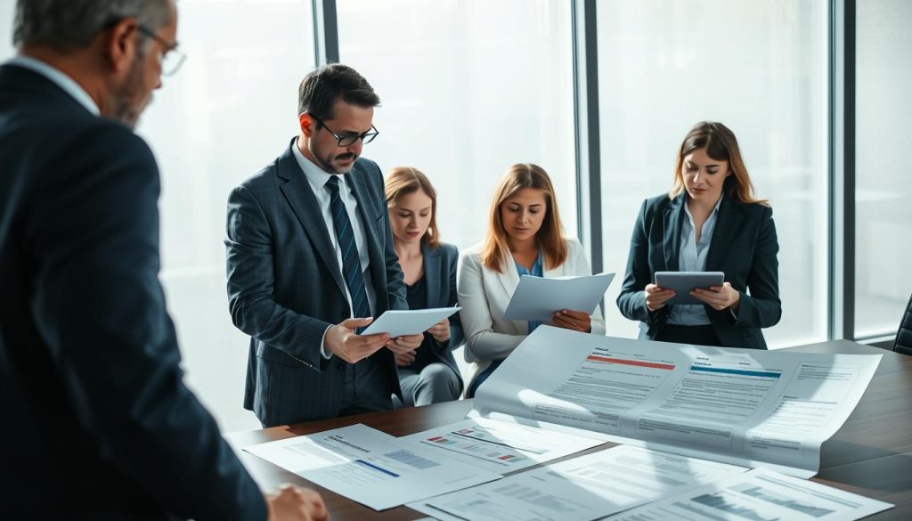 A professional office setting depicting a serious financial discussion. In the foreground, a well-dressed male financial advisor is standing next to a large table filled with documents and charts, gesturing towards a detailed contract with highlighted clauses. In the middle, two women in professional attire are seated, one reviewing a document with a concerned expression, while the other takes notes on a tablet. The background features a large window with natural light pouring in, creating an atmosphere of transparency and honesty. Soft shadows enhance the seriousness of the discussion, and the color palette is muted with blues and grays to emphasize professionalism. The scene conveys a mood of caution and critical analysis regarding financial obligations and contract terms.
