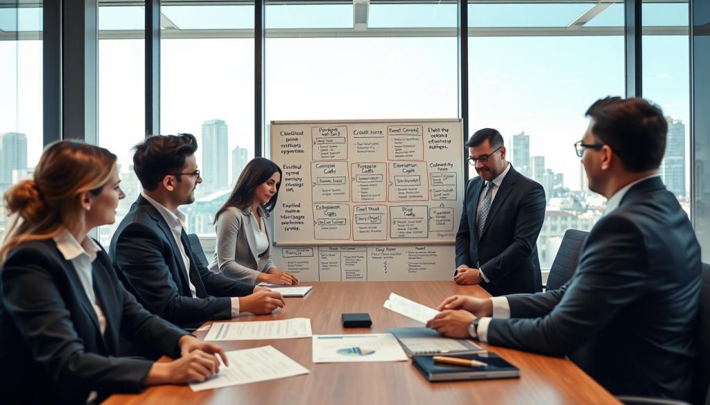 A professional office setting depicting the process of evaluating conditions for a second mortgage application at a bank. In the foreground, a diverse group of professionals in smart business attire is engaged in a discussion, analyzing documents and charts on a conference table. In the middle, there's a large whiteboard filled with diagrams outlining the application process and key assessment criteria, such as credit score, income verification, and property evaluation. The background features a modern office skyline visible through large windows, with natural light illuminating the space, creating a bright and optimistic atmosphere. The angle is slightly elevated, giving a comprehensive view of the interaction, emphasizing teamwork and professionalism. The scene should convey a serious yet collaborative mood, with a focus on financial assessment and decision-making.