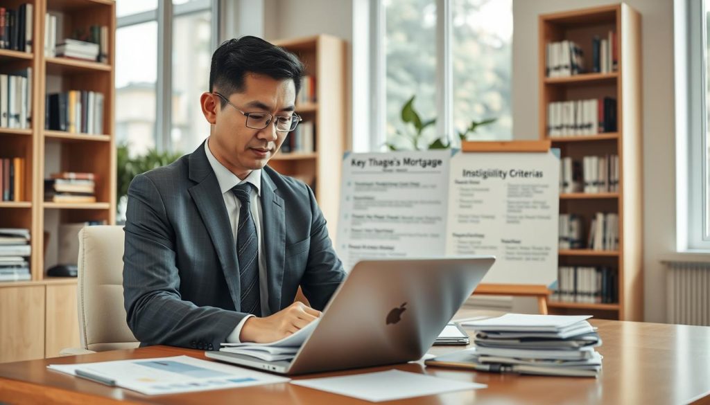 A professional office setting with a well-organized desk featuring documents and charts related to mortgage applications. In the foreground, a middle-aged Asian male mortgage broker, dressed in a tailored suit, is reviewing a stack of papers while using a laptop. He appears focused and knowledgeable. In the middle ground, visual elements such as a whiteboard with key points on applying for a second mortgage, illustrating eligibility criteria, and important notes are visible, showcasing professionalism and clarity. The background consists of tall bookcases filled with finance books and a potted plant for a touch of warmth. Soft, natural lighting filters through large windows, creating a calm and inviting atmosphere. The scene emphasizes efficiency and trust in the mortgage application process.
