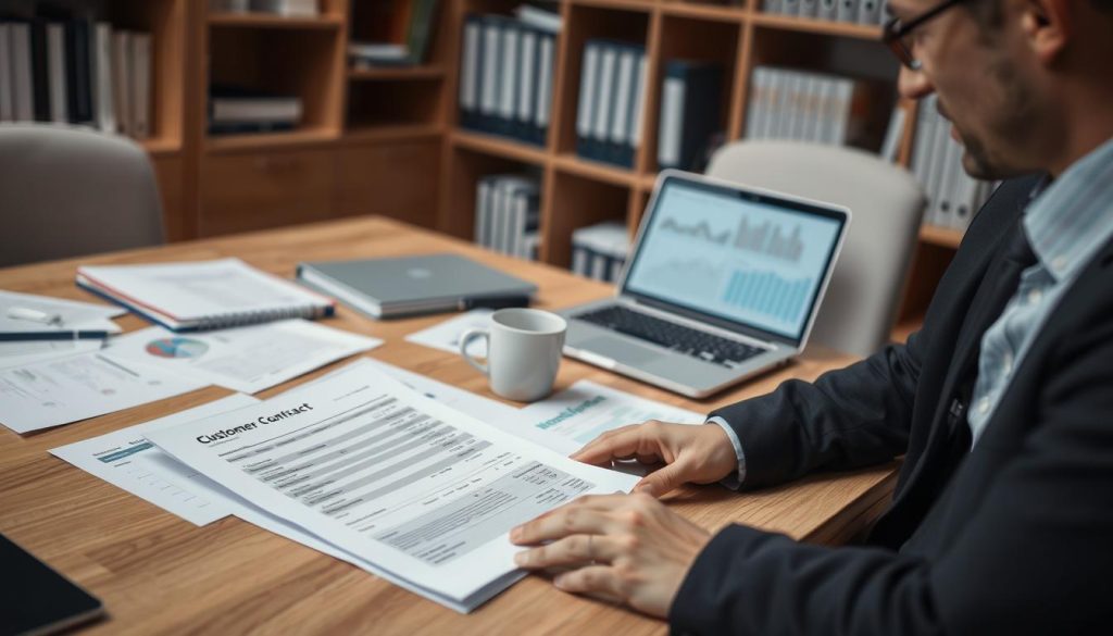 A professional office setting with a wooden desk covered in neatly organized documents, including a customer contract and invoice records. In the foreground, a well-dressed individual, wearing business attire, is reviewing the papers with a focused expression. Soft, diffused lighting illuminates the scene, creating a calm and productive atmosphere. In the middle ground, a laptop is open with financial graphs visible on the screen, and a cup of coffee is placed nearby. In the background, shelves lined with books and binders contribute to the scholarly feel of the space. The camera angle is slightly above eye level, capturing the depth of the workspace, emphasizing both professionalism and organization.