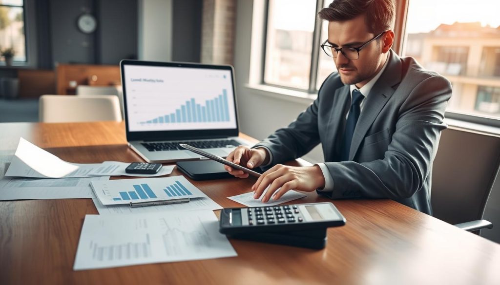 A professional scene depicting a financial advisor calculating second mortgage loan rates. In the foreground, a focused advisor in a tailored suit, with a calculator and financial documents spread out on a sleek wooden desk. The middle ground shows a digital display showcasing graphs and charts related to loan interest rates, with a modern laptop open beside the advisor. The background features an office setting with large windows allowing natural light to flood in, casting soft shadows on the desk. The overall mood is professional and analytical, conveying trust and expertise in finance. Use soft, warm lighting to create a welcoming atmosphere, capturing the essence of financial consultations without any text or distracting elements.