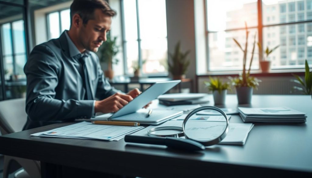 A professional setting demonstrating various methods for verifying legitimate second mortgage lenders. In the foreground, a focused businessperson in professional attire analyzes documents, using a laptop. The middle ground features a table cluttered with papers, financial charts, and a magnifying glass, symbolizing scrutiny and diligence. The background includes a modern office environment with large windows allowing soft natural light to illuminate the space, creating a calm yet focused atmosphere. A hint of greenery from potted plants is visible, adding a touch of warmth. The overall composition conveys authority, professionalism, and the importance of careful financial decision-making.