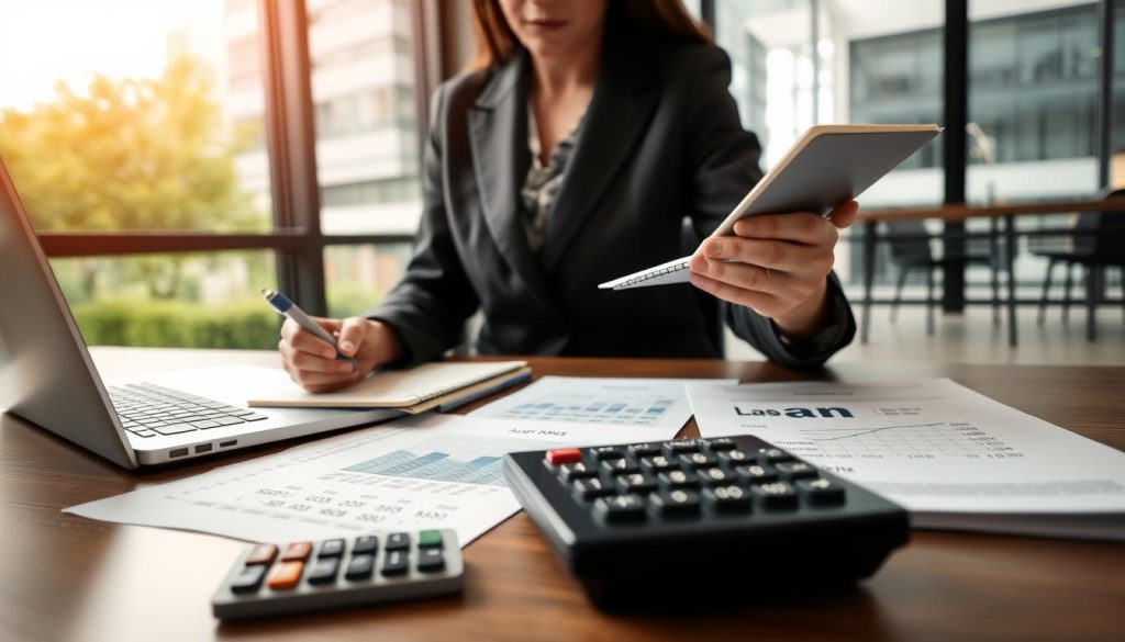 A professional setting showcasing financial calculations for self-employed mortgage options in Taiwan. In the foreground, a well-dressed businesswoman, wearing a smart blazer, is focused on calculations on a laptop while taking notes on a notepad. In the middle, there are charts and graphs illustrating loan interest rates and amounts on a desk, alongside a calculator and financial reports. The background features a modern office environment with large windows allowing natural light to illuminate the space. The mood is serious and analytical, emphasizing professionalism and focus. The angle captures a close-up of the calculations while maintaining a clear view of both the person and the workspace, highlighting the theme of financial planning.