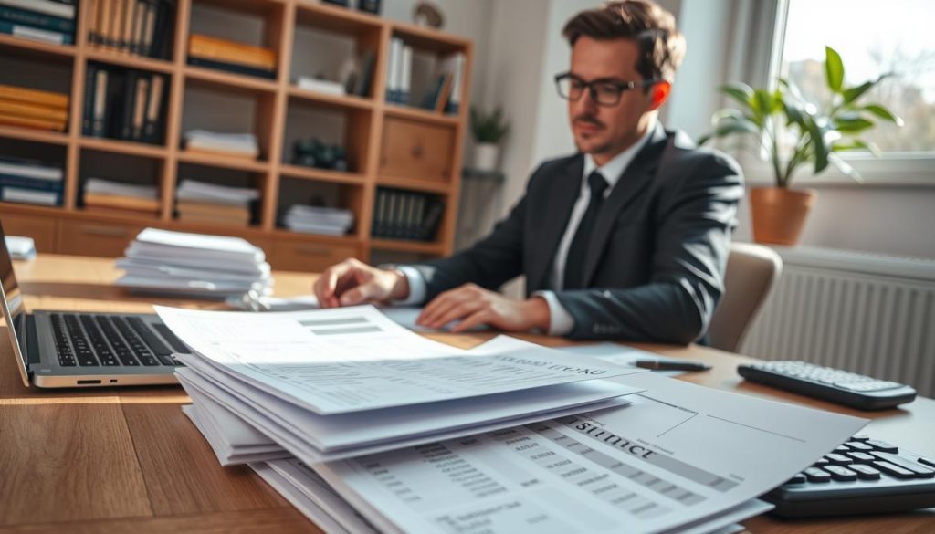 A professional workspace featuring a neatly organized desk with a laptop, a pile of financial documents, and a calculator. In the foreground, a set of detailed bank account statements with transactions clearly visible, showcasing a variety of deposits and withdrawals. The middle ground includes a person in business attire, focused on organizing the documents, with a thoughtful expression. Natural light filters in through a nearby window, casting a warm glow on the scene, emphasizing a productive atmosphere. In the background, shelves filled with financial books and a potted plant add depth to the setting, creating a sense of professionalism and clarity in preparing income proof documentation.