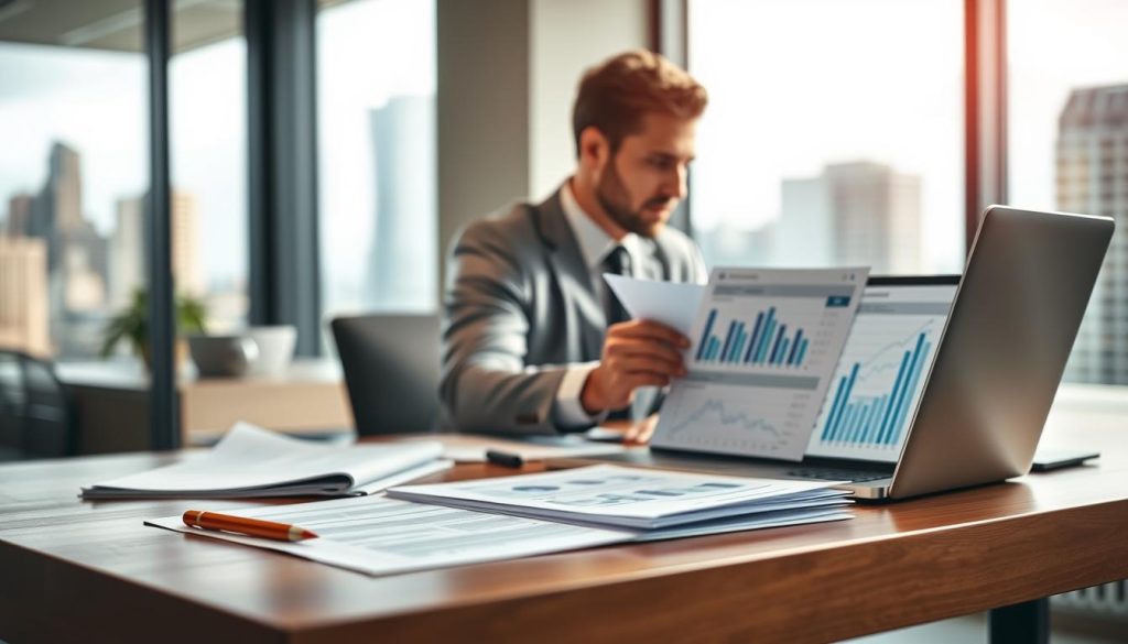 A sophisticated comparison analysis on second mortgage loan amounts for townhouses in a modern office setting. The foreground features a sleek wooden desk with neatly organized documents and a laptop open displaying financial charts and graphs. In the middle, a professional-looking individual in business attire, focused and examining the data, is seated at the desk, with their face partially visible in profile. The background showcases a bright office environment with glass windows revealing a city skyline, filtered light casting soft shadows across the room. The mood is analytical and serious, indicating a thorough investigation into loan amounts and evaluations. Use a natural lighting setup emphasizing clarity and professionalism, captured from a slight angle to create depth.
