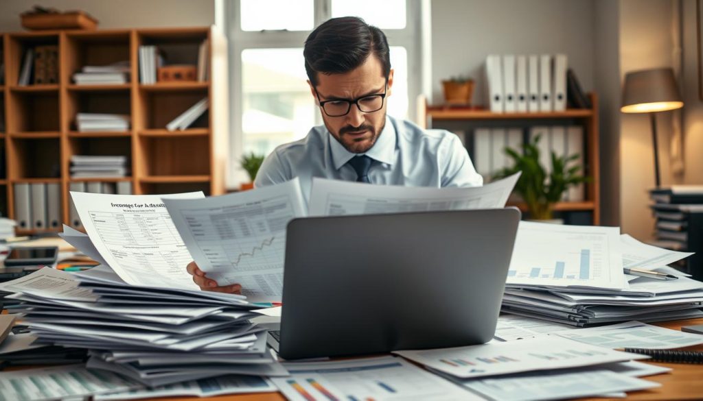 A well-organized office workspace focused on financial documentation related to second mortgages for self-employed individuals. In the foreground, a desk is cluttered with various papers, including income proof documents, loan applications, and financial charts. A laptop is open with spreadsheets displayed. In the middle, a professional business person in formal attire is reviewing the documents intently, with a look of concentration. The background features a bookshelf lined with financial resources and a window with soft natural light illuminating the scene. The atmosphere is serious and focused, reflecting the challenges self-employed individuals face in obtaining financial support without traditional income statements. The lighting is warm and inviting, enhancing the workspace's productivity feel.